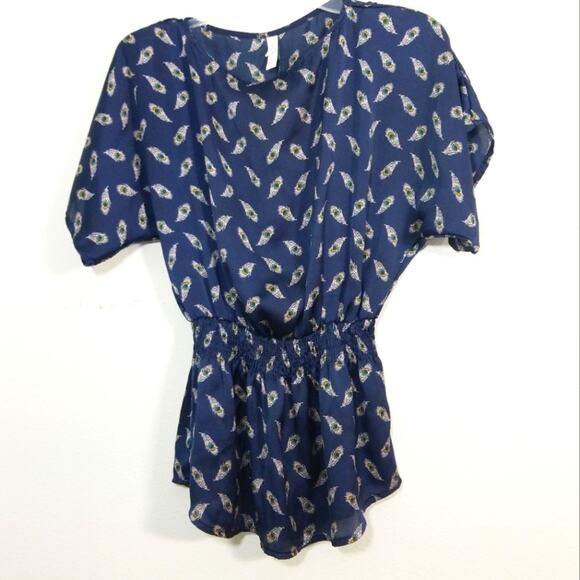 Bohemian peacock feather satiny smocked top S - Picture 2 of 8